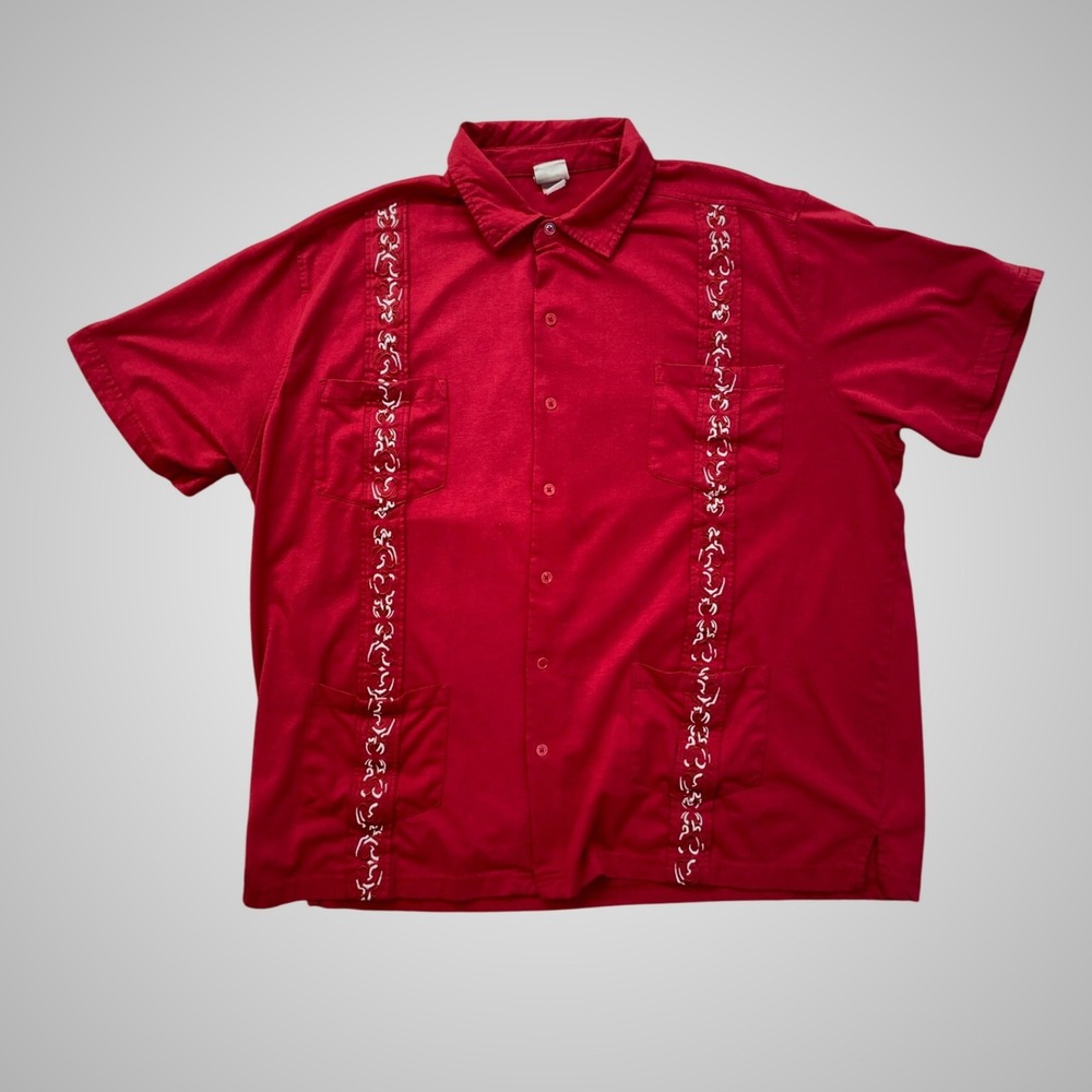 Haband Guayabera Shirt Mens XL Red Short Sleeve Embroidered Button Down Cuban
